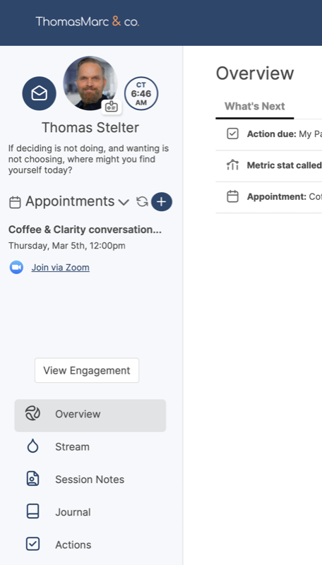 Private Client System dashboard showing session overview, appointments, and navigation