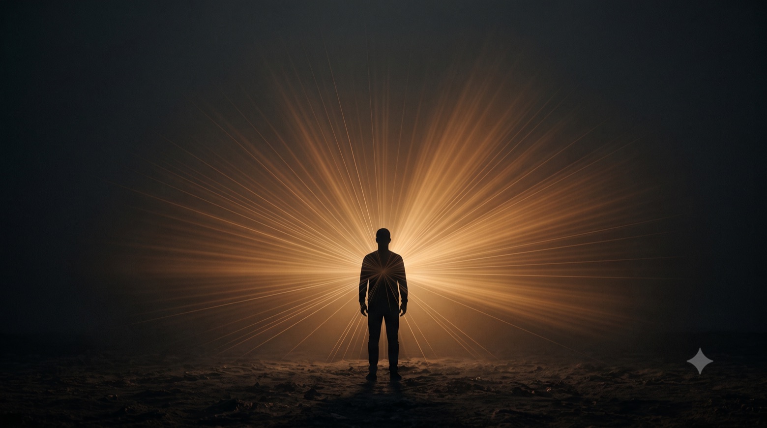 A lone figure standing in silhouette against a dark field, with a burst of golden light radiating outward from behind them.