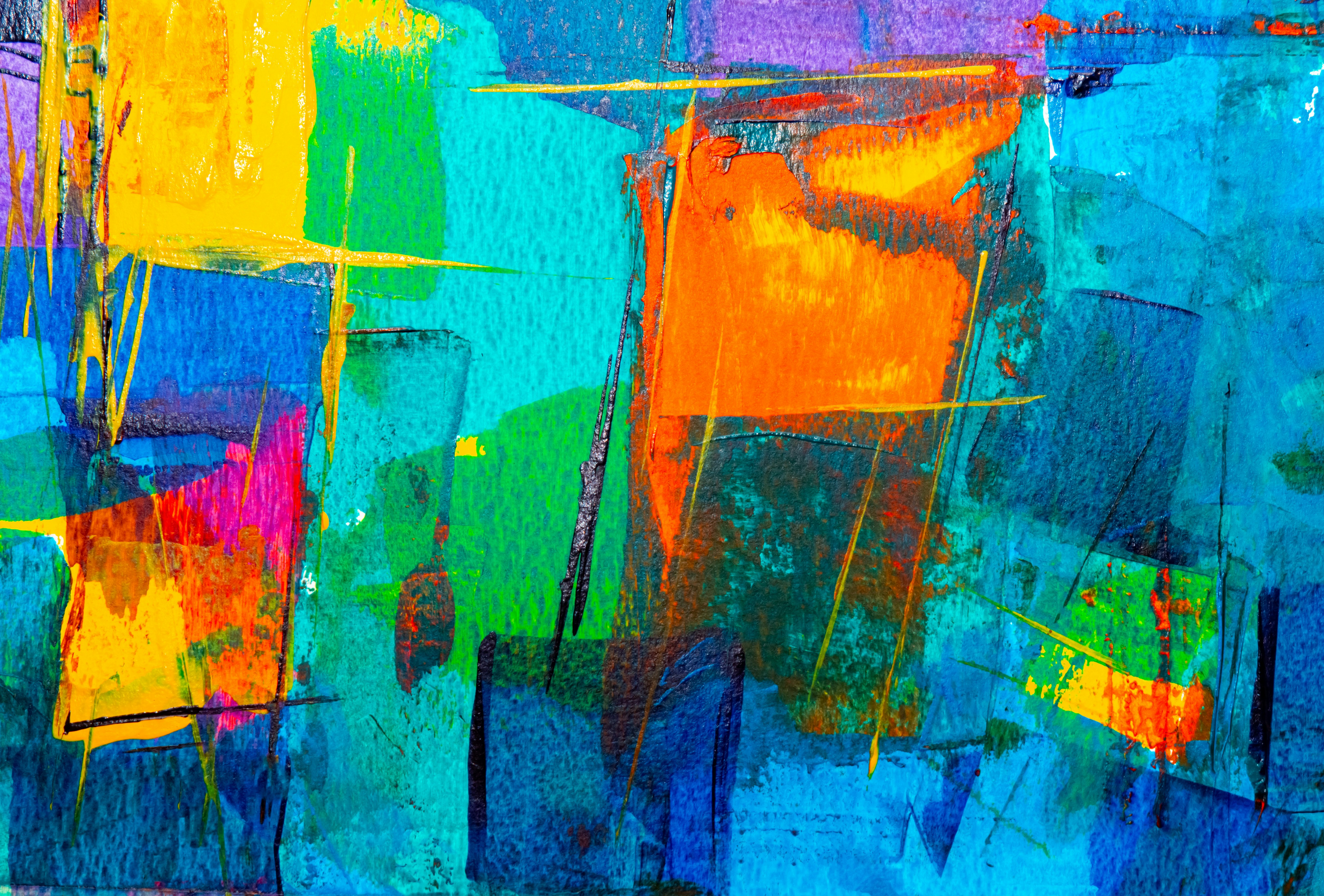 an abstract painting of blue, green, yellow and orange