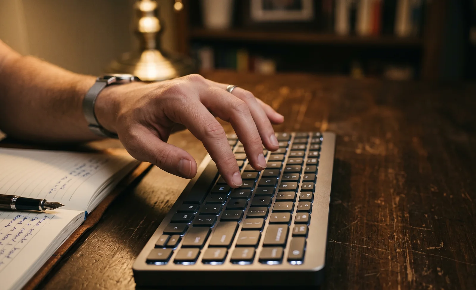 A hand paused just above the keys of a keyboard on a dark wooden desk, with an open notebook and fountain pen beside it in warm lamplight.