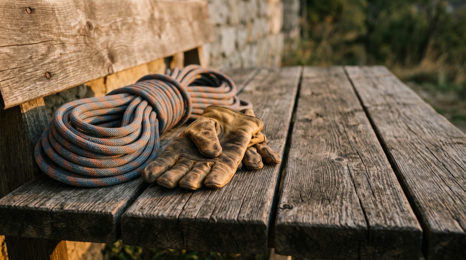 A coiled climbing rope and a pair of worn leather gloves resting on a weathered wooden bench in warm mountain light.