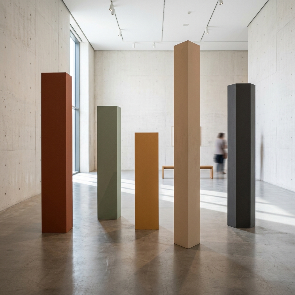 Five elegant, minimalist vertical geometric pillars of varying heights and subtle earth tones, arranged in a modern concrete gallery room.