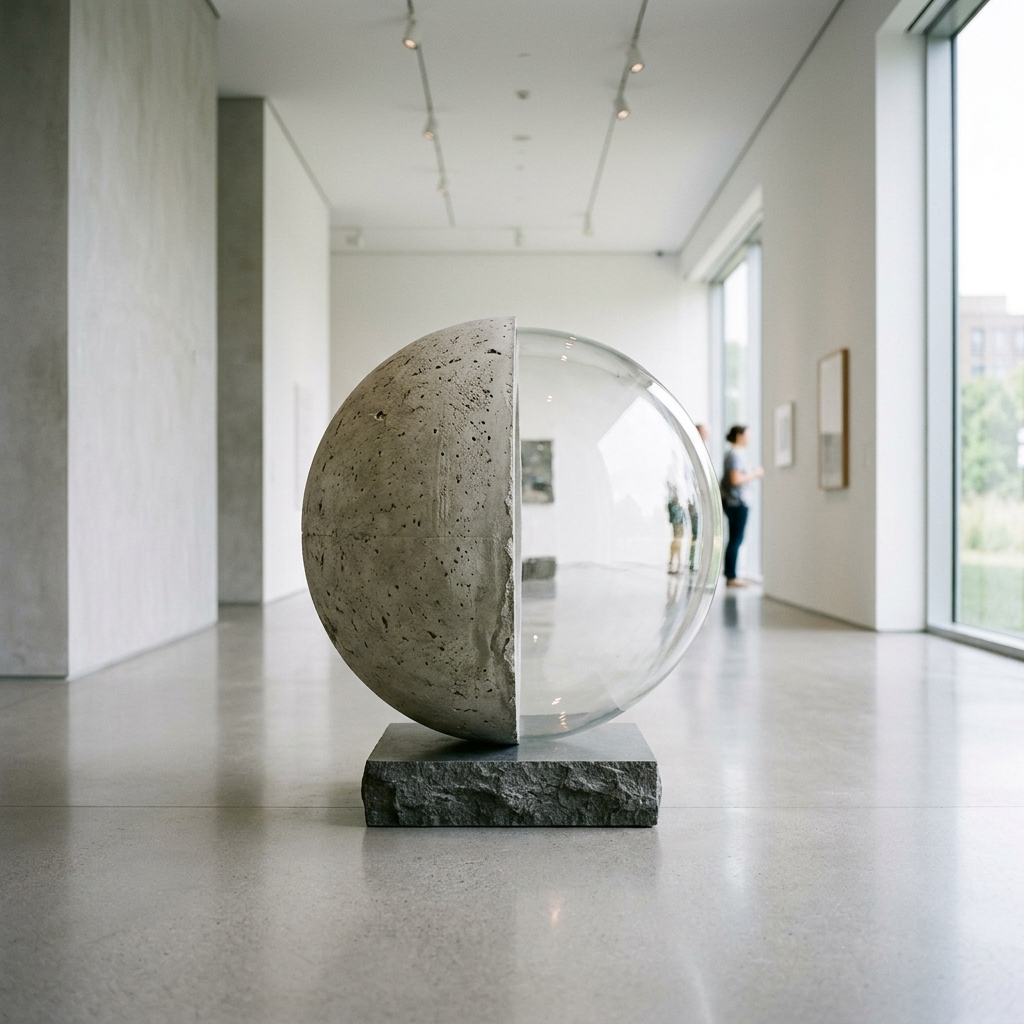 A modern conceptual sculpture of a sphere split in half, one side solid textured concrete and the other side clean transparent glass, resting on a polished stone floor in a bright minimalist gallery.