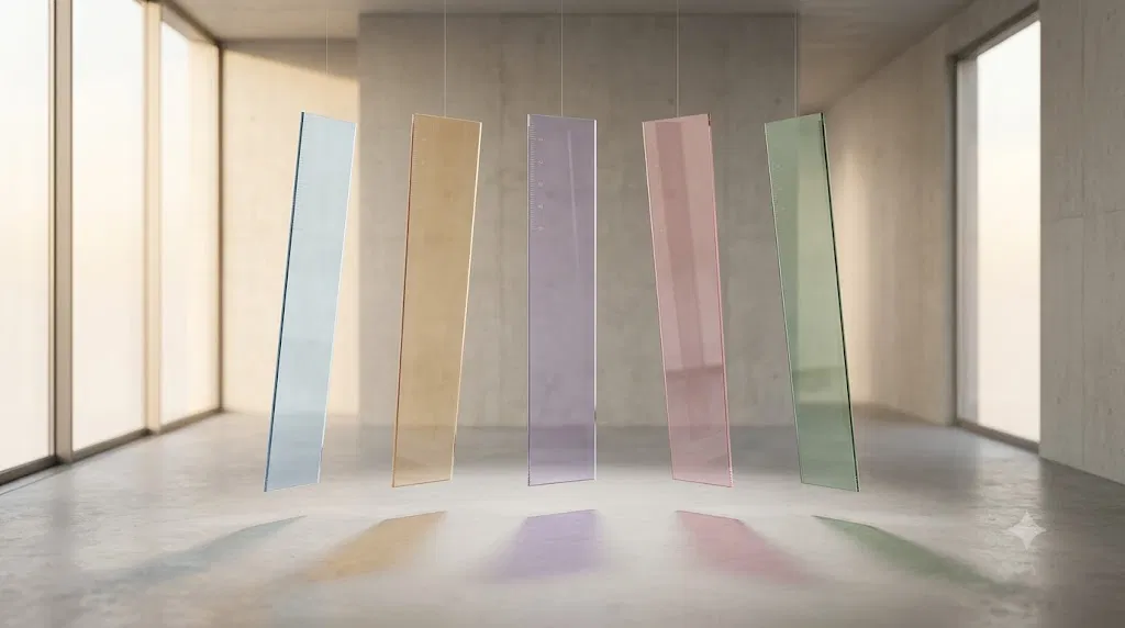 Five vertical colored glass panels suspended in a concrete room, casting colored shadows on the floor.