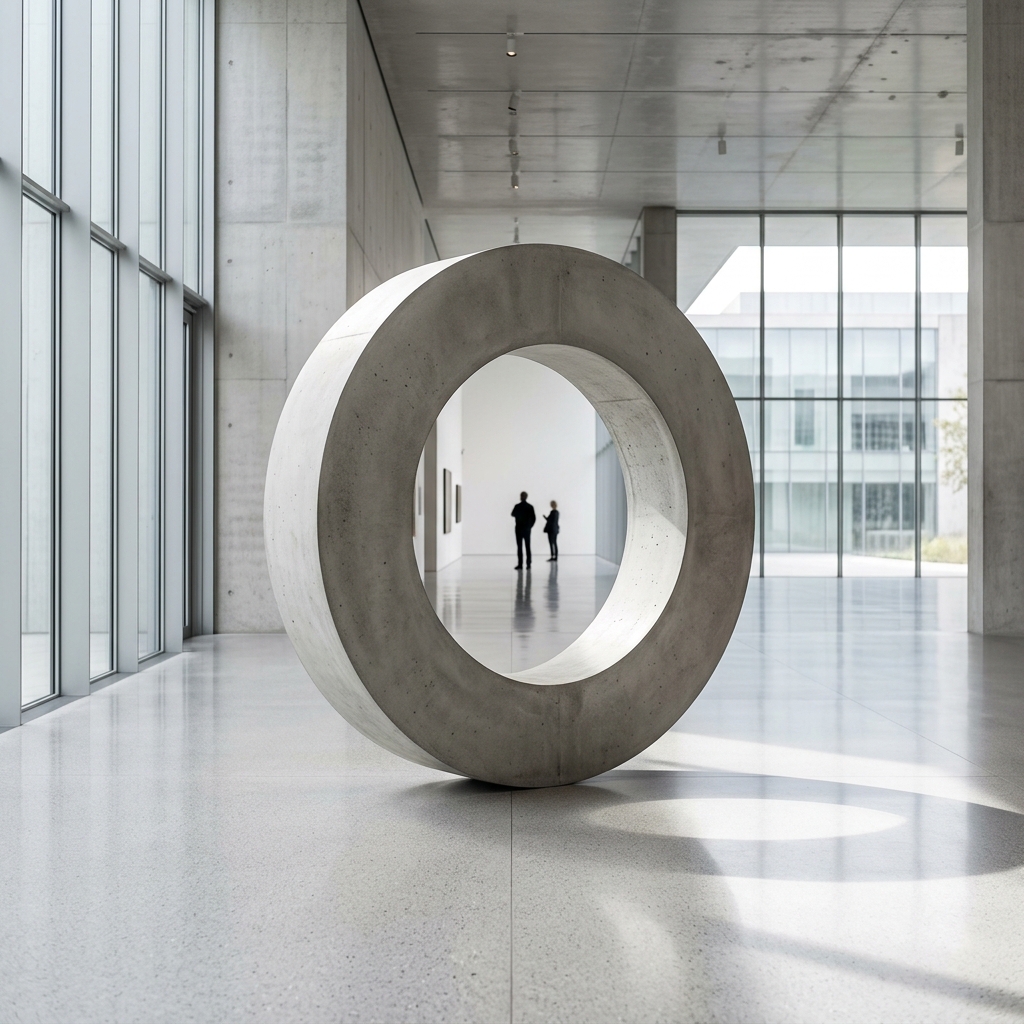 An elegant, minimalist concrete circular sculpture with a hollow center, standing on a polished floor in a bright, modern architectural gallery space.