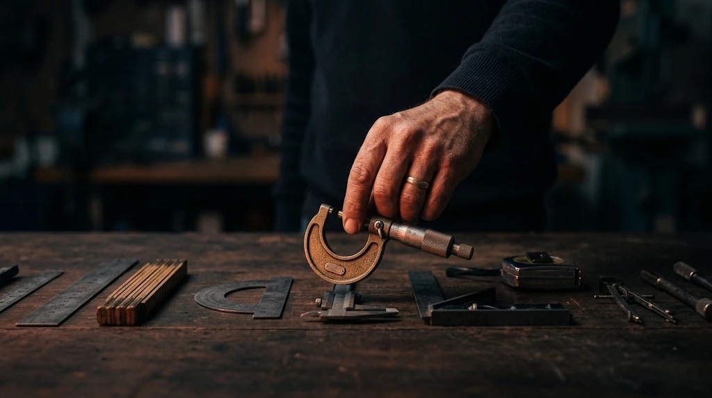 A hand reaching to lift a brass micrometer from a row of precision measuring instruments laid out on a dark wooden workbench in warm light.