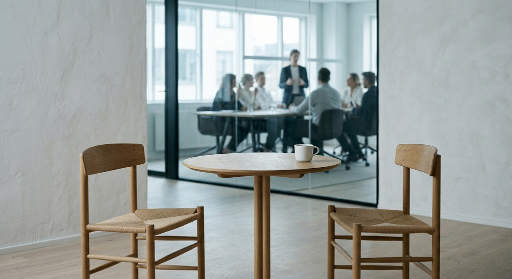 An empty, dimly lit executive boardroom table suggesting a quiet, serious conversation.
