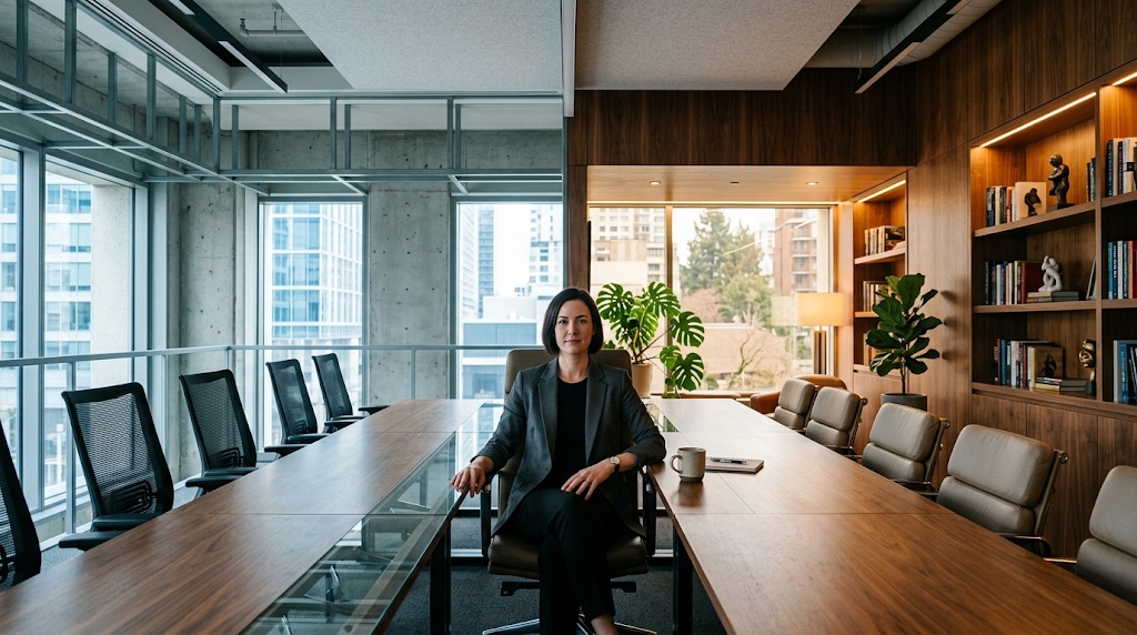 Executive seated alone at a long boardroom table in a modern office