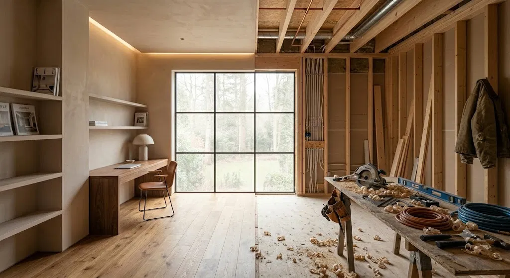 A split view of a modern desk area on the left and a room under construction with exposed wooden frames on the right.
