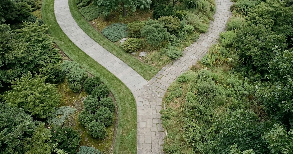 An overhead view of a stone garden path splitting into two directions, surrounded by lush green shrubs and trees.