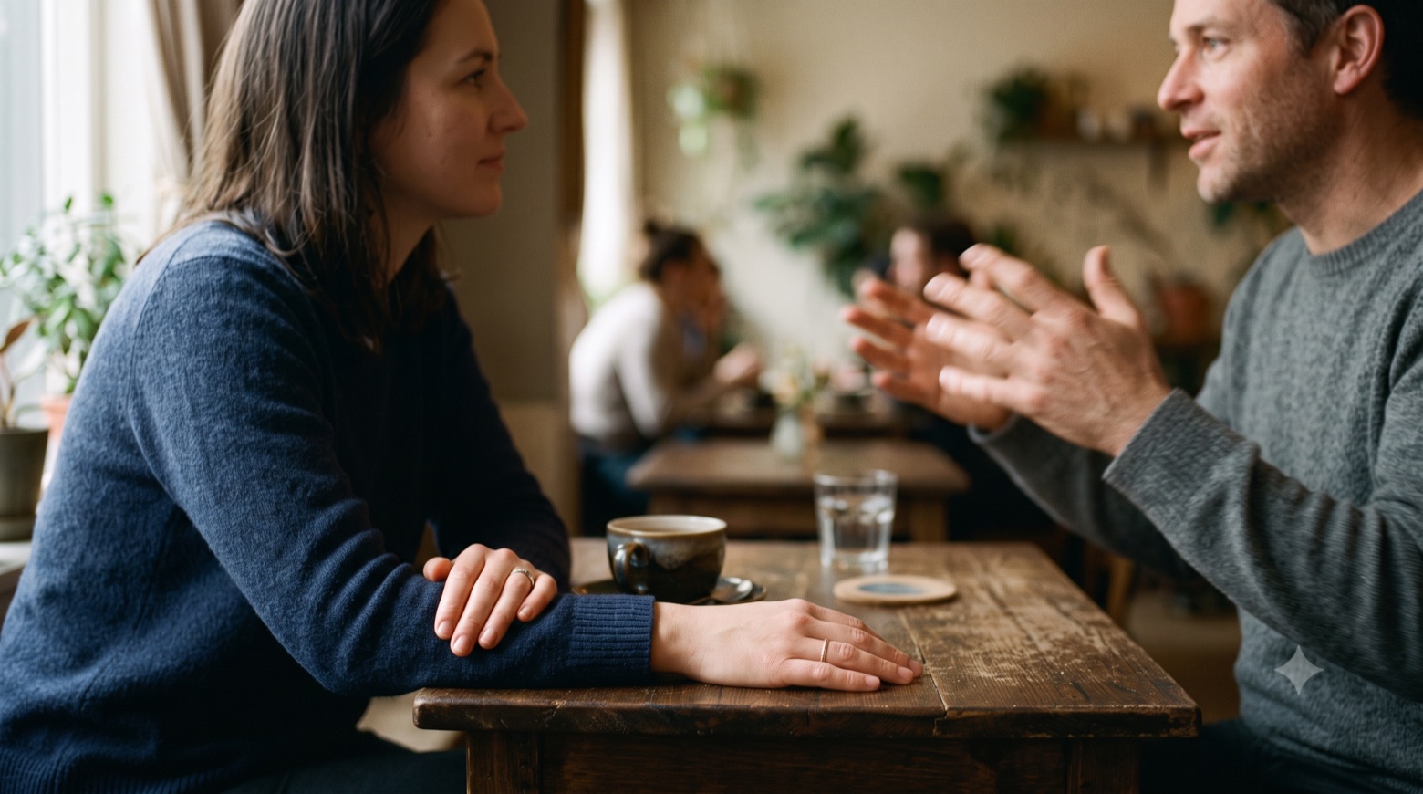 Two colleagues sitting across a wooden table in a warm, plant-filled café, one listening attentively while the other speaks with open hands.