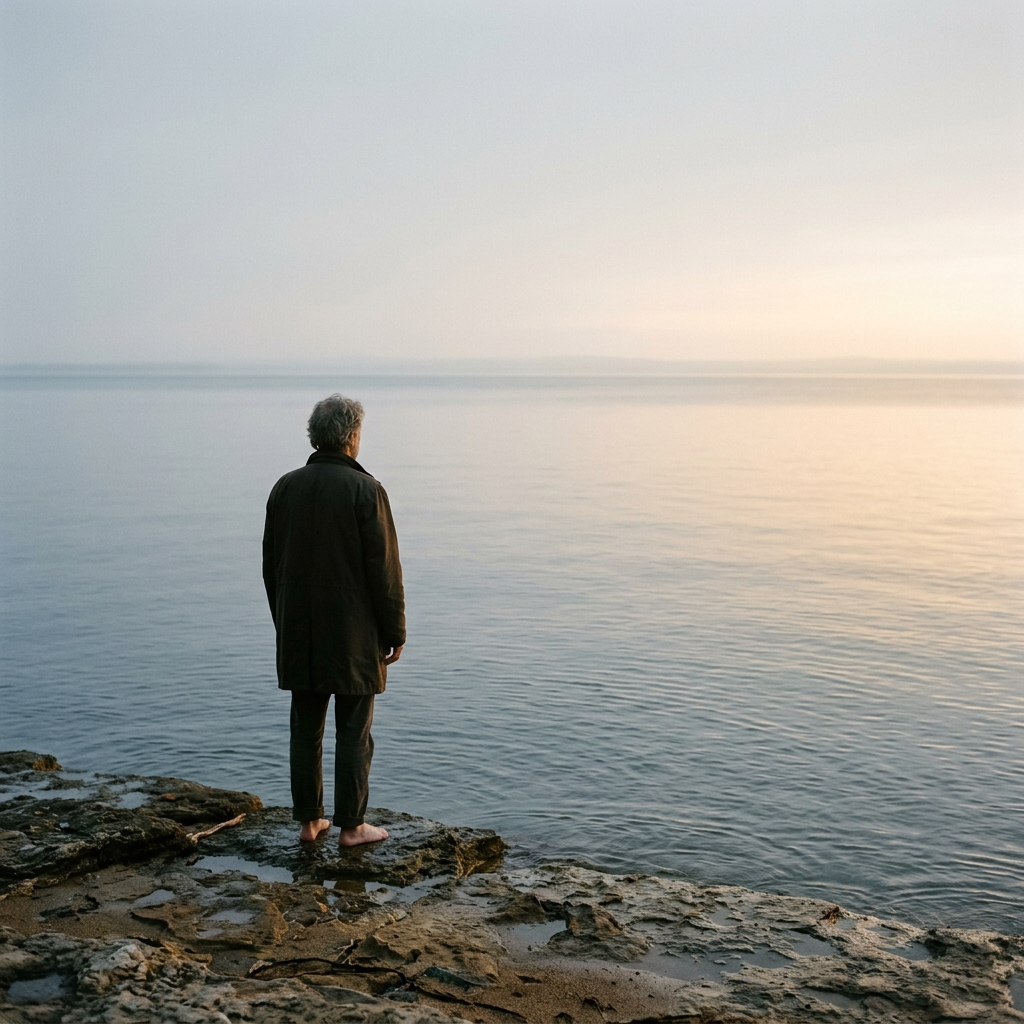 A solitary figure standing at the edge of a calm sea at dawn, gazing toward the horizon