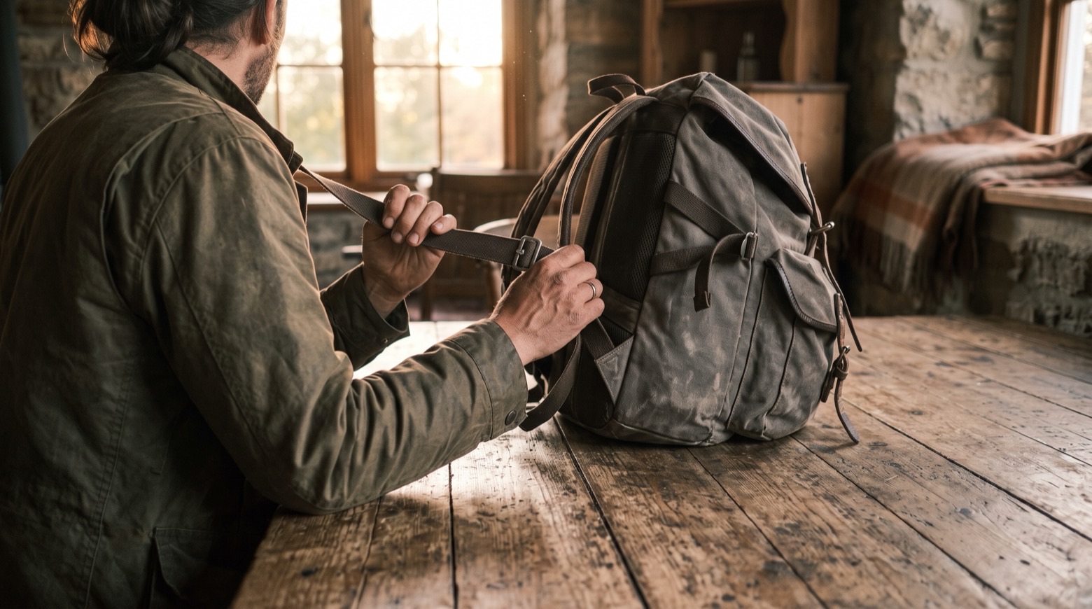 A person adjusting the straps of a worn canvas backpack on a wooden table in a cabin, warm morning light through the window behind them.