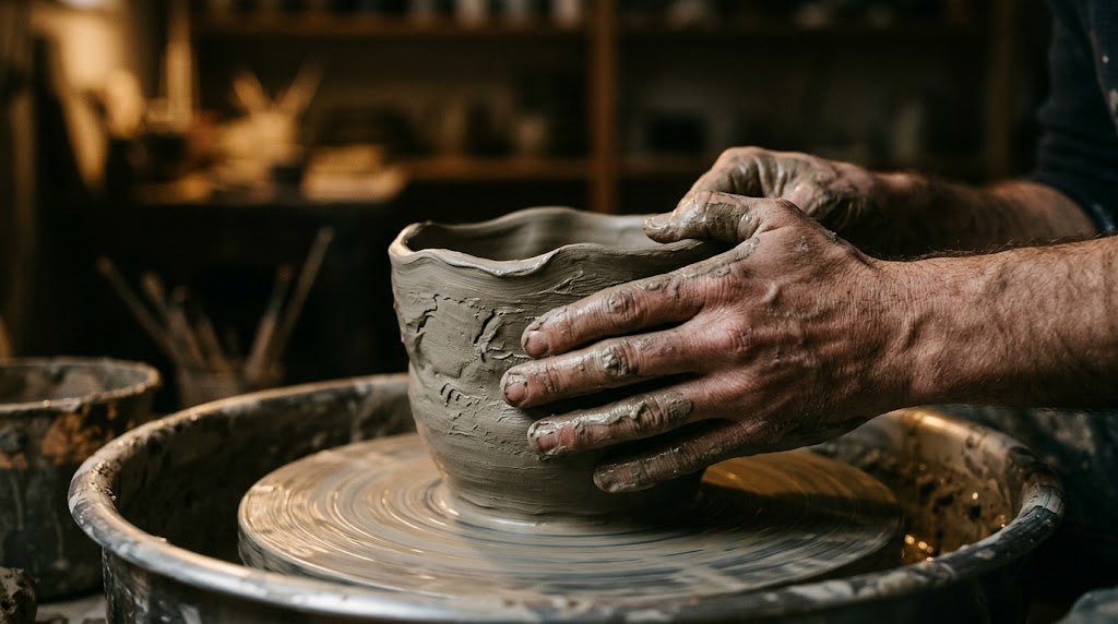 A potter's clay-covered hands shaping a rough, unfinished bowl on a spinning wheel in a dim workshop.