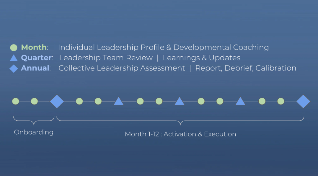 Rhythm timeline: green circles (monthly coaching), blue triangles (quarterly reviews), blue diamonds (annual collective assessments).